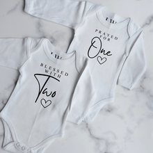 Load image into Gallery viewer, Prayed For One, Blessed With Two Twin Onesie Set