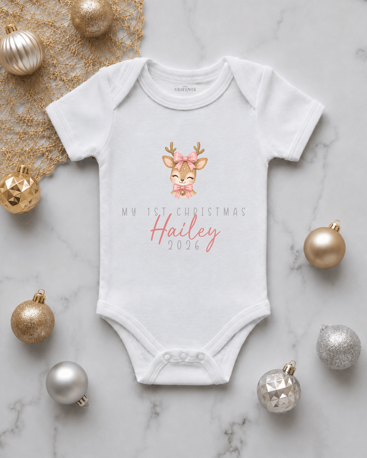 Personalised Pink Reindeer First Christmas Onesie | Christmas