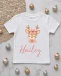 Personalised Pink Reindeer Kids T-Shirt | Christmas