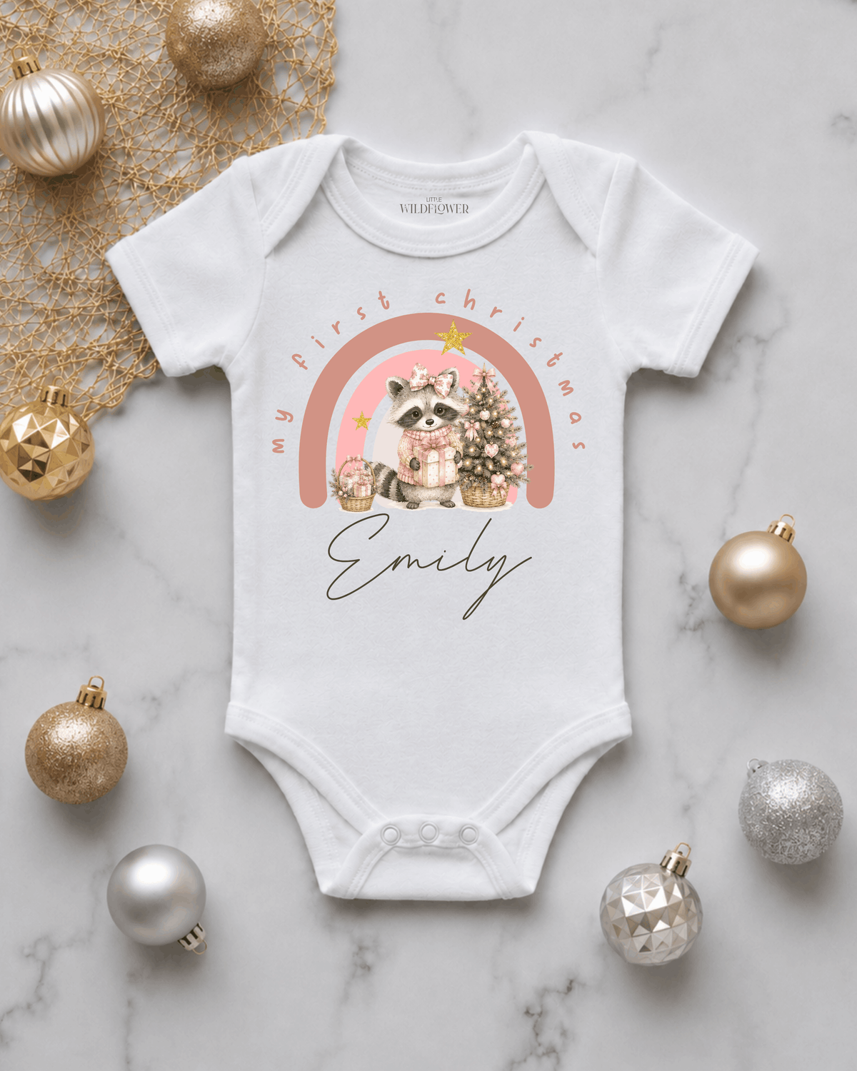 Personalised Rainbow Raccoon First Christmas Onesie | Christmas