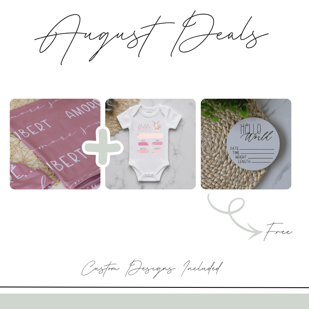 Personalised Swaddle Set, Birth Announcement Onesie & Disc | August Combo