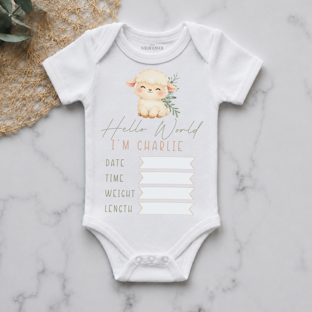 Lamb Personalised Birth Announcement Onesie