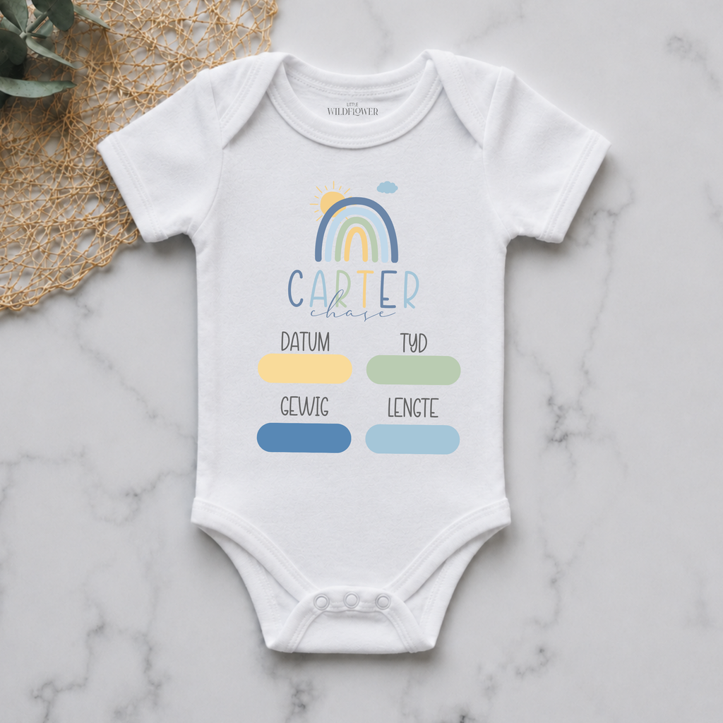 Sunny Rainbow Personalised Birth Announcement Onesie